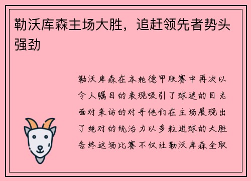 勒沃库森主场大胜，追赶领先者势头强劲